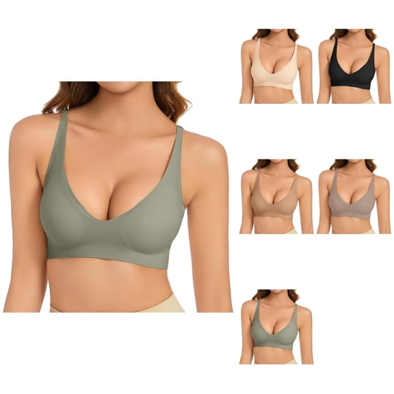 Deep V Neck Seamless Bra for Women, No Underwire Buttery Soft Wireless Bralette with Light Support and Light Padding