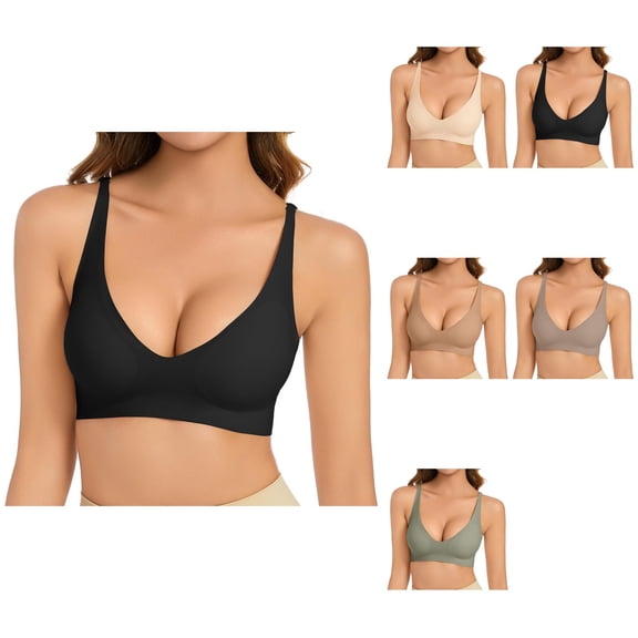 Deep V Neck Seamless Bra for Women, No Underwire Buttery Soft Wireless Bralette with Light Support and Light Padding