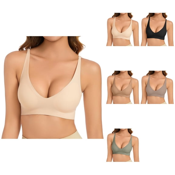 Deep V Neck Seamless Bra for Women, No Underwire Buttery Soft Wireless Bralette with Light Support and Light Padding