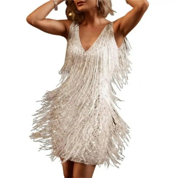 Deep V-Neck Sleeveless Backless Hip Wrap Women Dress Women Fringed Sequin Mini Dress Party Club Wear