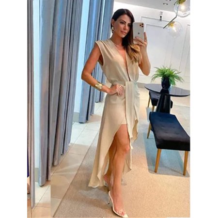 Deep V-Neck Sleeveless Double Layer Dress