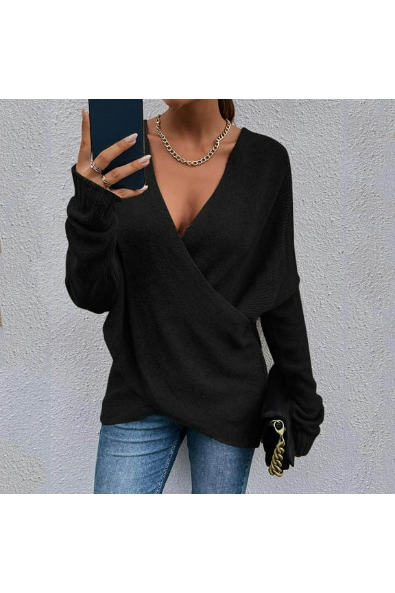 Deep V-Neck Sweaters for Women Women Fashion Solid Color Long Cross Loose Sleeve Knit Sweater Coat Fall Fashion 2023 Black