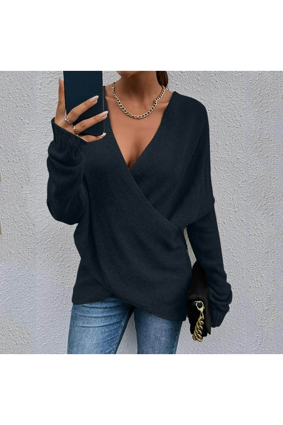 Deep V-Neck Sweaters for Women Women Fashion Solid Color Long Cross Loose Sleeve Knit Sweater Coat Fall Fashion 2023 Dark Blue