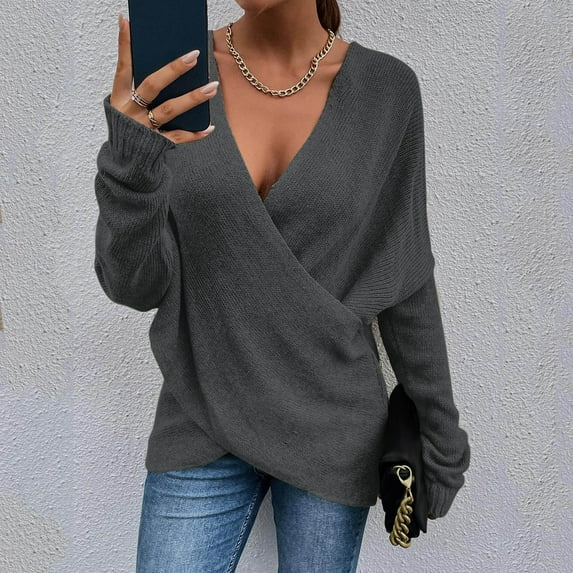 Deep V-Neck Sweaters for Women Women Fashion Solid Color Long Cross Loose Sleeve Knit Sweater Coat Fall Fashion 2023 Dark Gray
