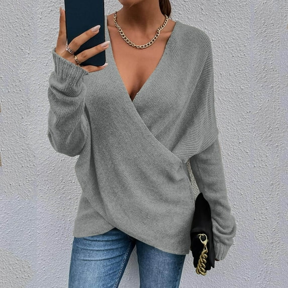 Deep V-Neck Sweaters for Women Women Fashion Solid Color Long Cross Loose Sleeve Knit Sweater Coat Fall Fashion 2023 Grey