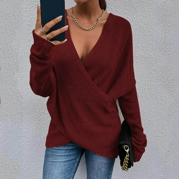 Deep V-Neck Sweaters for Women Women Fashion Solid Color Long Cross Loose Sleeve Knit Sweater Coat Fall Fashion 2023 Wine