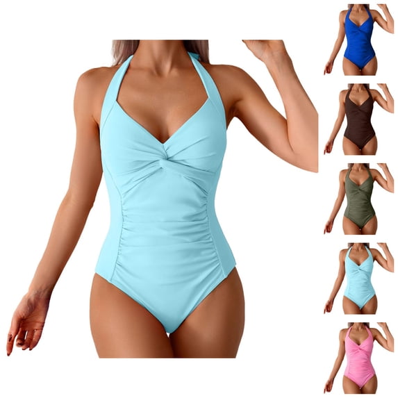 Deep V Neck Swimsuit for Women One Piece Halter Monokini Ruched Tummy Control Bathing Suit Performance Swimwear
