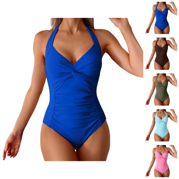 Deep V Neck Swimsuit for Women One Piece Halter Monokini Ruched Tummy Control Bathing Suit Performance Swimwear