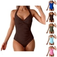 thumbnail image 1 of Deep V Neck Swimsuit for Women One Piece Halter Monokini Ruched Tummy Control Bathing Suit Performance Swimwear, 1 of 5