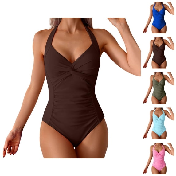 Deep V Neck Swimsuit for Women One Piece Halter Monokini Ruched Tummy Control Bathing Suit Performance Swimwear