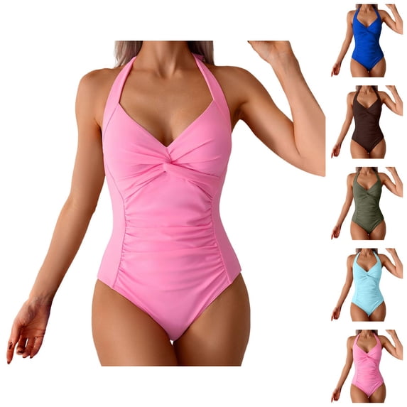 Deep V Neck Swimsuit for Women One Piece Halter Monokini Ruched Tummy Control Bathing Suit Performance Swimwear