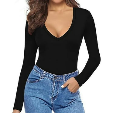 Deep V Neck Tops for Women Going Out Long Sleeve Fleece Lined Sweatshirts 2024 Fall Fashion Silm Fit Top