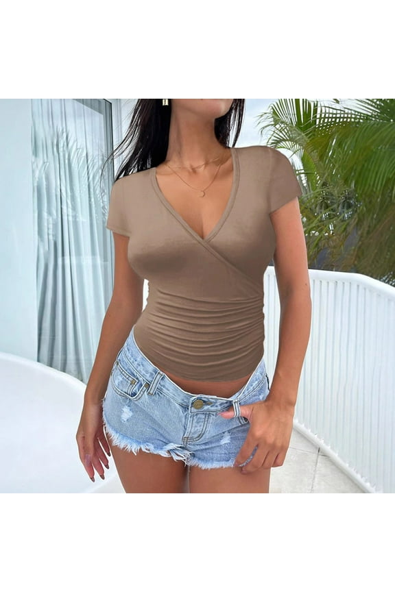Deep V Neck Tops for Women Low Cut Summer T Shirts Slim Fit Stretchy Basic Fashion Tee Blouse