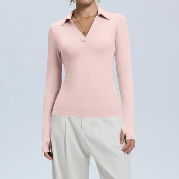 Deep V Neck Tops for Women Ribbed Polo Shirt Collared Long Sleeve Tunic Tops for Women Loose Fit Dressy Tops with Thumb Holes Pink S