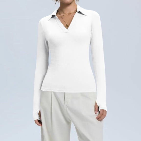 Deep V Neck Tops for Women Ribbed Polo Shirt Collared Long Sleeve Tunic Tops for Women Loose Fit Dressy Tops with Thumb Holes White 2XL