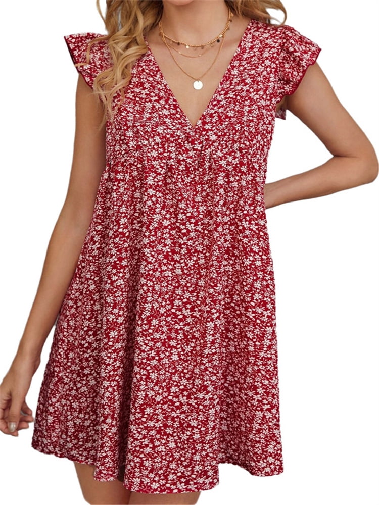 Short Sleeve V-Neck Mini Print Dress