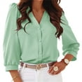 thumbnail image 1 of Deep V-Neck Women Solid Color 3/4 Sleeve Casual Button Blouse, 1 of 4