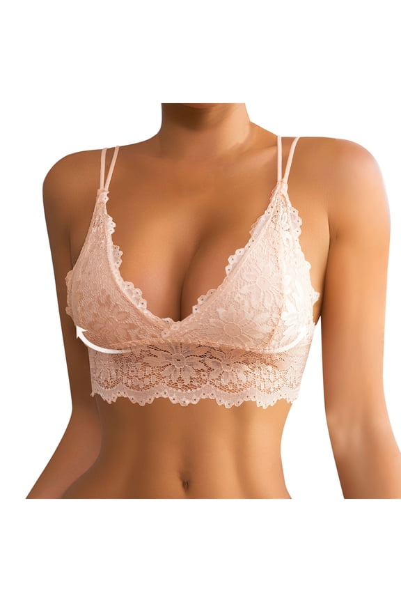 Deep V Push up Bra for Women Floral Lace Bralettes Bras Triangle Cup Strappy Removable Padded Cami Crop Bras