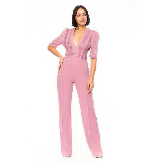 Deep V-neck Crochet Bodice Jumpsuit Mauve