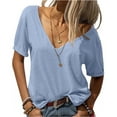 thumbnail image 1 of Deep V-neck Women Short Sleeved Casual Solid Colro T-shirt Tops, 1 of 3