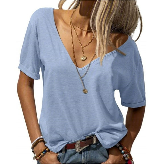 Deep V-neck Women Short Sleeved Casual Solid Colro T-shirt Tops