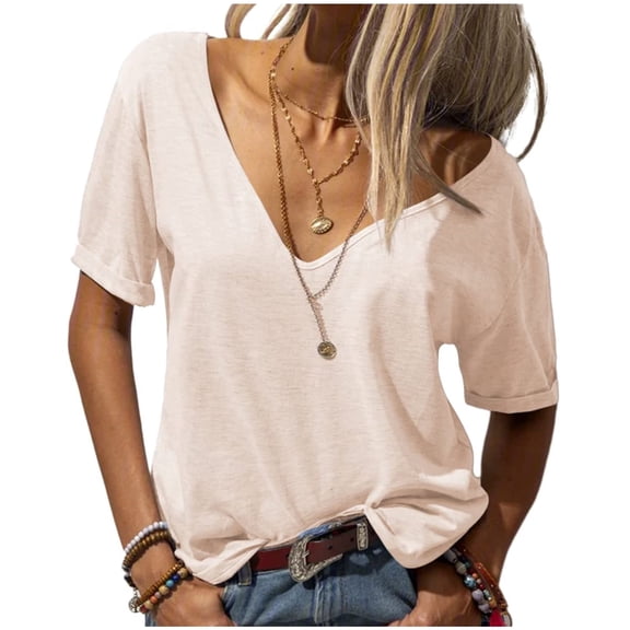 Deep V-neck Women Short Sleeved Casual Solid Colro T-shirt Tops