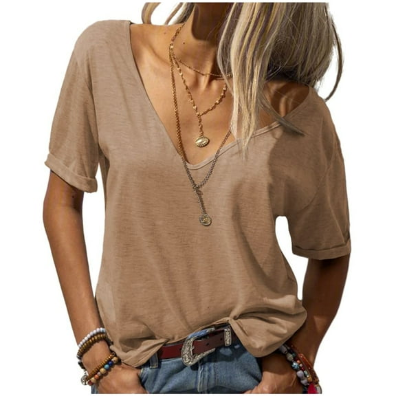 Deep V-neck Women Short Sleeved Casual Solid Colro T-shirt Tops