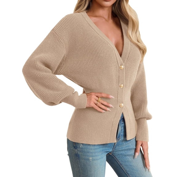 Deep V-neck Women Solid Button Down Slim Knit Cardigan Coat Sweater