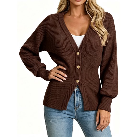 Deep V-neck Women Solid Button Down Slim Knit Cardigan Coat Sweater