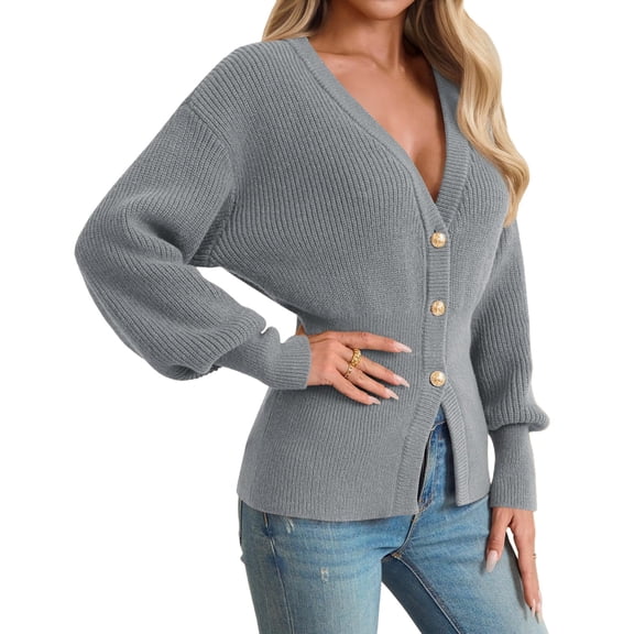 Deep V-neck Women Solid Button Down Slim Knit Cardigan Coat Sweater
