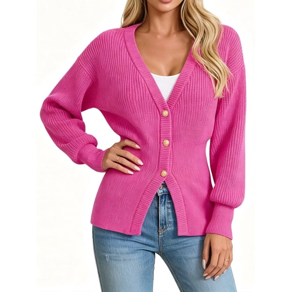 Deep V-neck Women Solid Button Down Slim Knit Cardigan Coat Sweater