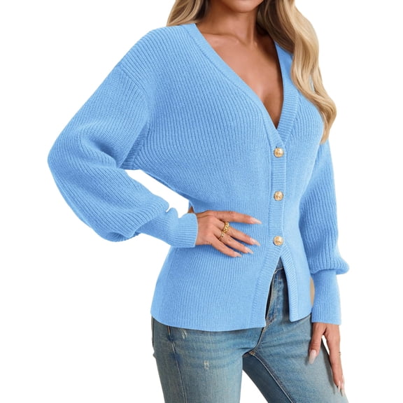 Deep V-neck Women Solid Button Down Slim Knit Cardigan Coat Sweater