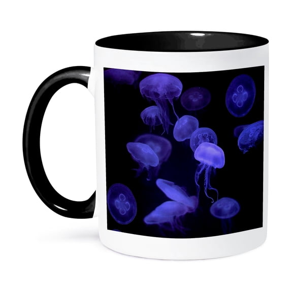 3dRose, Deep violet jellyfish in dark ocean, 15oz Two-Tone Black Mug
