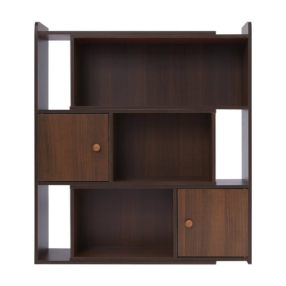 Deep Walnut Adjustable Bookshelf - Extendable 3-Tier Retro Bookcase w/2 Storage Cabinets (23.6"-43.3")