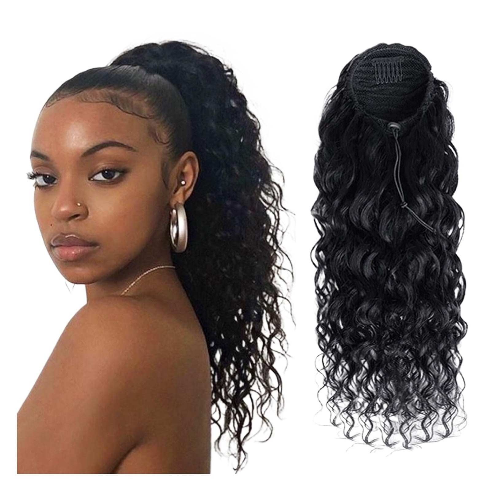 Deep Water Wave Drawstring Ponytail Human Hair Extensions Brazilian Hairpiece with Clip Ins Pony Tail