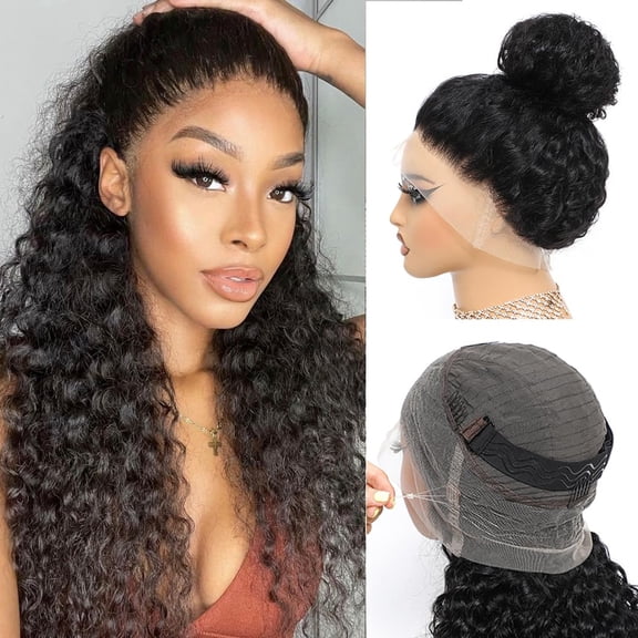 Deep Wave 360 Lace Front Wigs Human Hair Pre Plucked with Drawstring Hidden Strap 360 Deep Curly Full Lace Frontal Glueless Wigs for Black Women Natural Color 22 Inch