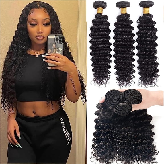 Deep Wave Bundles Human Hair 12 Inch Brazilian 100% Unprocessed Virgin Human Hair Double Weft Deep Curly Weave Natural Black