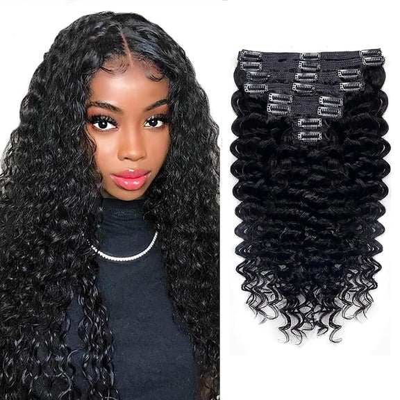 Deep Wave Clip in Hair Extensions Real Human Hair Brazilian Virgin Human Hair Clip in Extensions for Black Women 8Pcs Remy Hair with 18Clips 120g (16 inch, Natural Black)