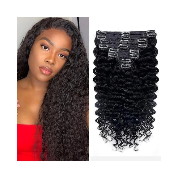 Deep Wave Clip in Hair Extensions Brazilian Remy Human Hair Thick to Ends Natural Black
