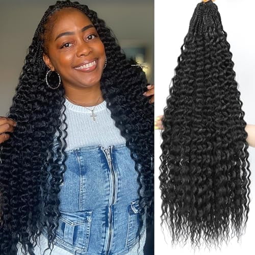 Deep Wave Curly Crochet Hair 24Inch 7Packs Box Braids Crochet Hair Pre Looped Goddess Braids Hair Water Wave Crochet Hair For Black Women(1B,7Packs)