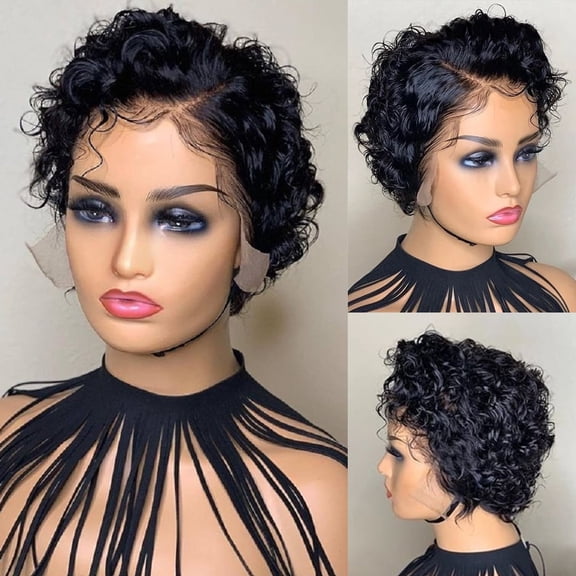 Deep Wave Curly Pixie Cut Wig Human Hair for Women - 13x1 T Part Transparent Lace Bob Wig, Preplucked Hairline, 6 Inch Black