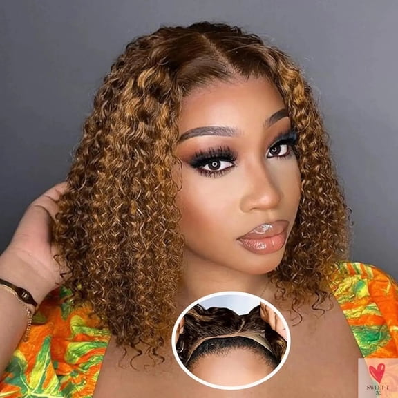 Deep Wave Honey Blonde Glueless Bob Wigs - Human Hair, Pre-Plucked, Pre Cut, Highlight, Wear and Go Curly Wigs - Ombre HD Lace Front Wigs