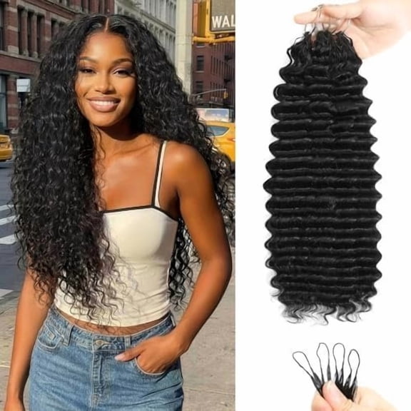 Deep Wave Human Crochet Hair Pre-Separated Pre-Looped Invisible -- 18" 120g 100 Strands Black -- For Women's Texture Blending