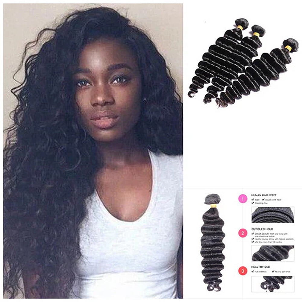 Deep Wave Human Hair Brazilian Bundles - 3 Bundles, 22 24 26 Inch, 100% Unprocessed Virgin Hair, Curly Waves, Wet & Wavy, for Black Women