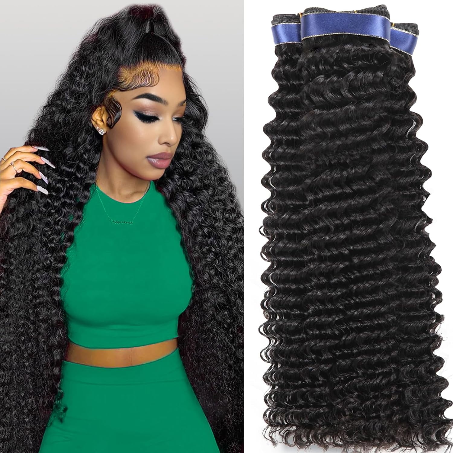Deep Wave Human Hair Bundles 24 26 28 Inch Curly Bundles Human Hair Extensions 16A 100% Unprocessed Brazilian Raw Deep Curly Hair Weave Sew in Bundle Wet and Wavy Water Wave 3 Bundle Natural Black