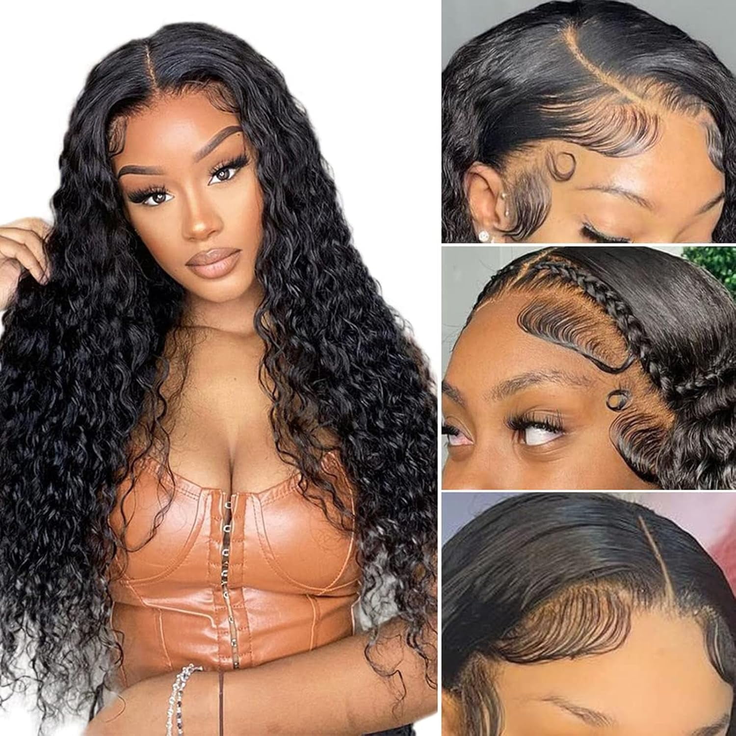 Deep Wave Human Hair Wig 4x4 Closure Glueless Wigs Human Hair Pre Plucked Pre Cut Lace Closure Glueless Wigs Elastic Band 200% Density Natural Color