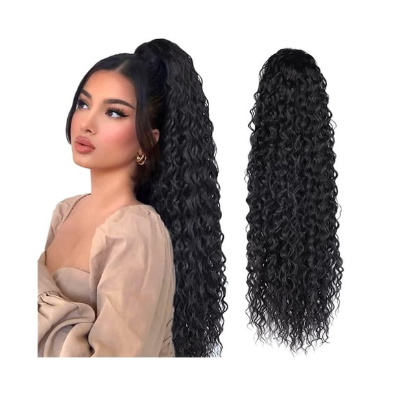 Deep Wave Ponytail Extensions for Black Women Human Hair Drawstring Pony Tail Natural Black Clip in Curly Hair Piece