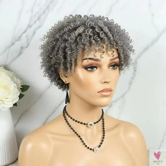 Deep Wave With Bangs Human Hair Wigs, Curly Salt & Pepper Wigs for Women, Pixie Cut