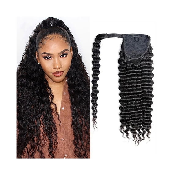 Deep Wave Wrap Around Ponytail Human Hair Extensions 14-26 Inch Wavy Curly Magic Paste Ponytail Hairpiece