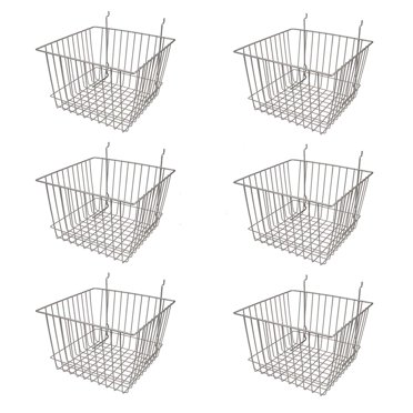 Econoco 6-Pack White Wire Baskets - 12" Deep Multi-Fit Baskets For Slatwall, Pegboard & Gridwall Display